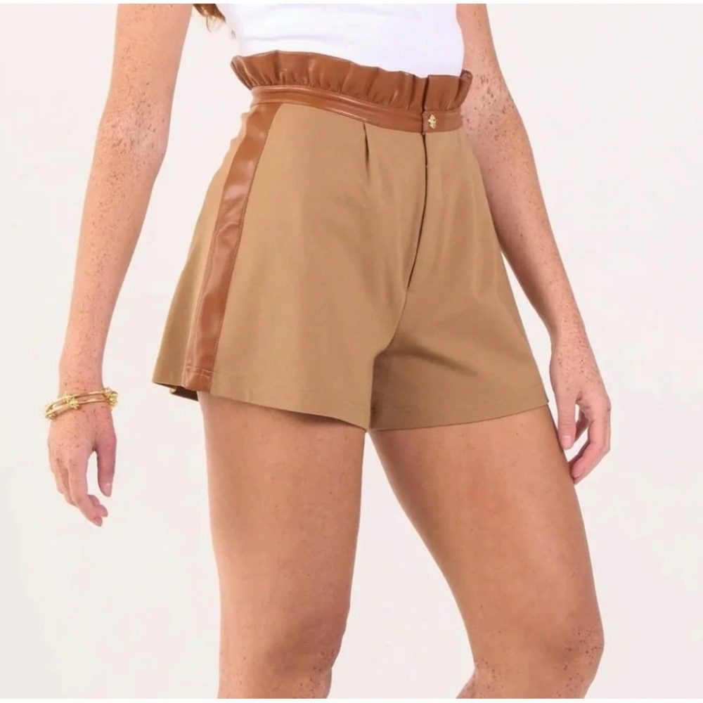 Emily McCarthy Ruffle Short Size XXL Luggage Tan Vegan Leather Trim NEW Preppy